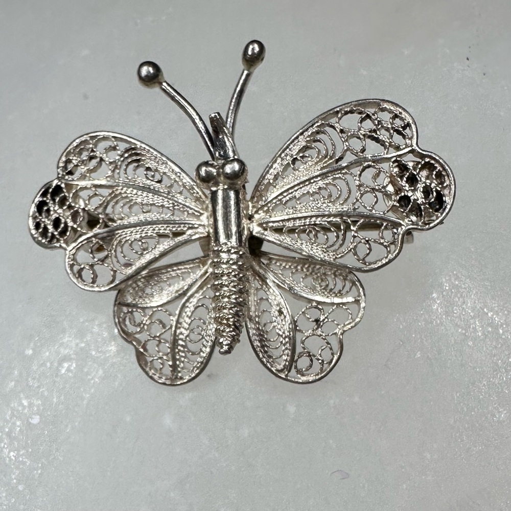 VTG Antique 800 Silver Filigree Butterfly Brooch Pin Art Deco Jewelry
